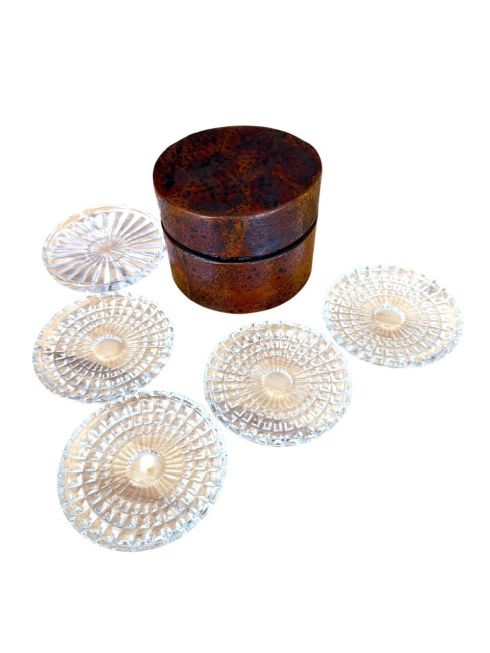 Jim Marvin Collection Clear Glass Coasters VTG MCM Set 5 Round Crystal Cut Box